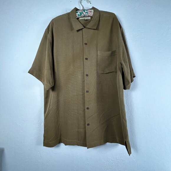 Tommy Bahama Mens Wooden Button Up Silk Camp Shirt Large Brown Short Sleeve - Picture 1 of 7
